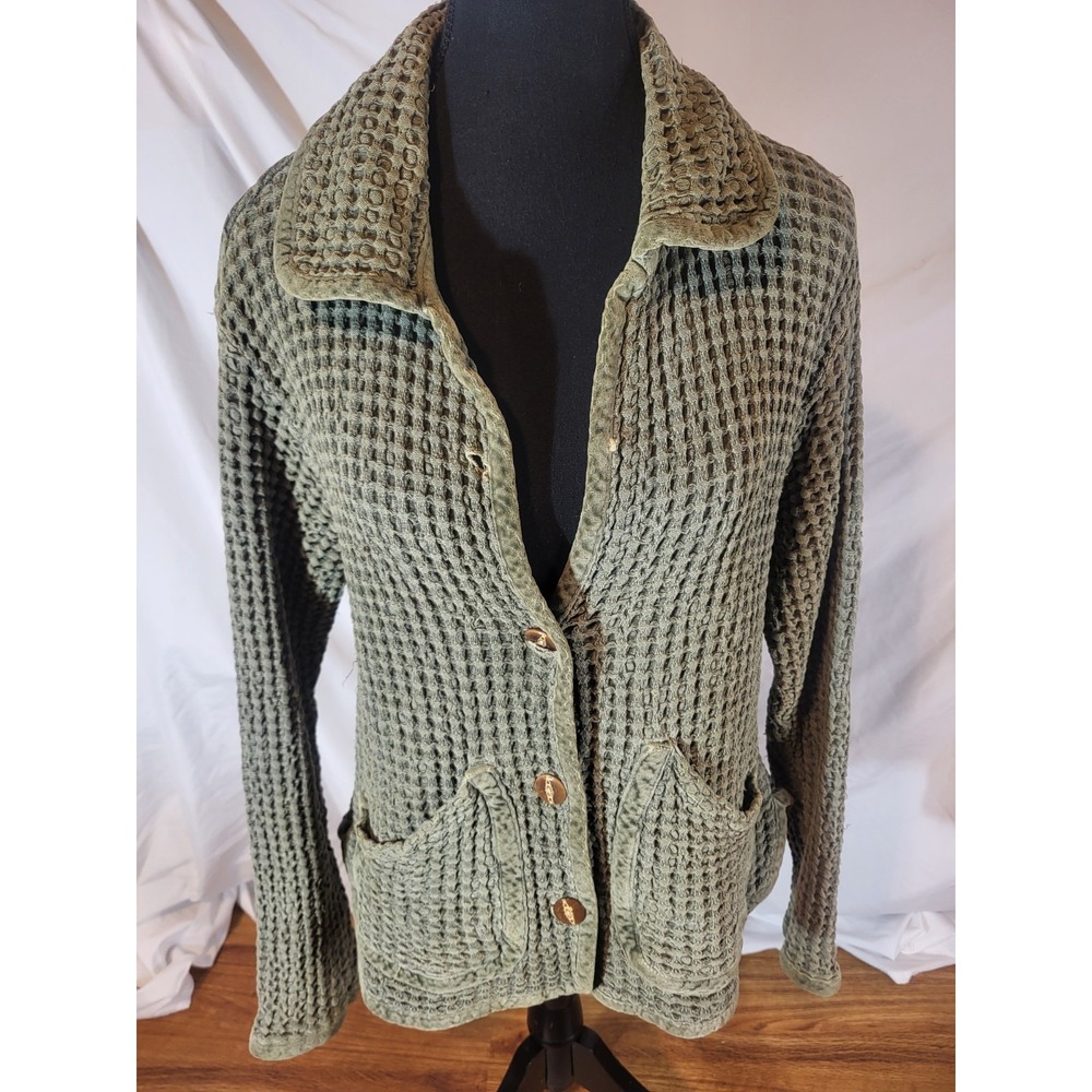 Gramicci Jacket Womens L Green Chunky Waffle Knit Outdoor Pockets Made in USA